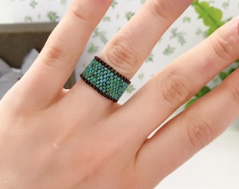 Turquoise Wide Beaded Ring, Native Style Flexible Seed Bead Band