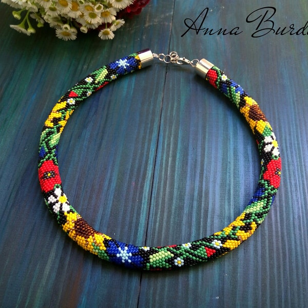 PDF Pattern Bead crochet necklace Sunflowers Jewelry patterns Beaded rope pattern Style Floral pattern Wildflowers choker Rainbow pattern