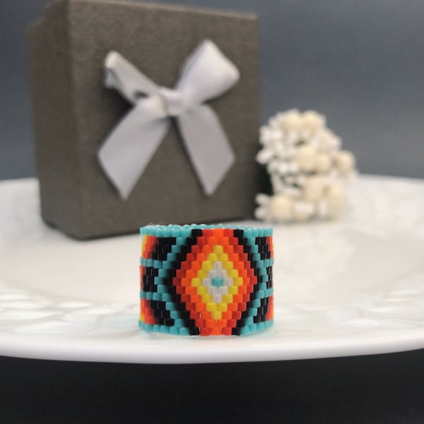 Turquoise colorful Native style beaded ring Peyote wide ring Ethnic tribal jewelry Seed bead flexible ring Boho Woven ring West American