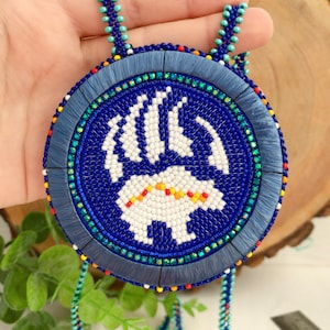 Blue beadwork medallion with bear paw Beaded Zuni bear necklace Native style pendant Bear claw American Traditional medallion