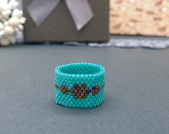 Turquoise wide ring Beaded Native style ring American beadwork jewelry Blue beaded ring Unisex ring Ethnic woven ring Custom size ring