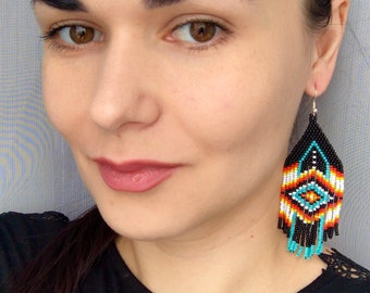 Black Fringe Native American Style Earrings, Colorful Beaded Ethnic earrings
