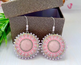 Pink Bridal Beadwork Earrings, Large Circle Native Style Jewelry