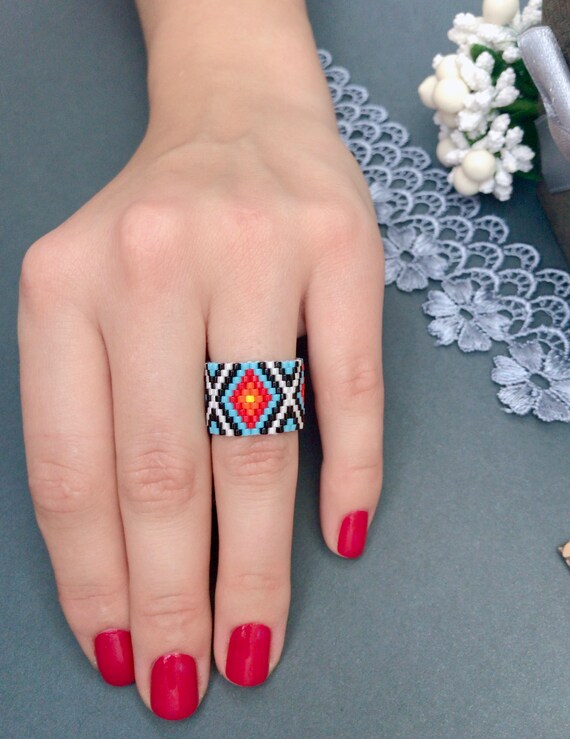 White Boho Beaded Ring Native Colorful Style Statement American