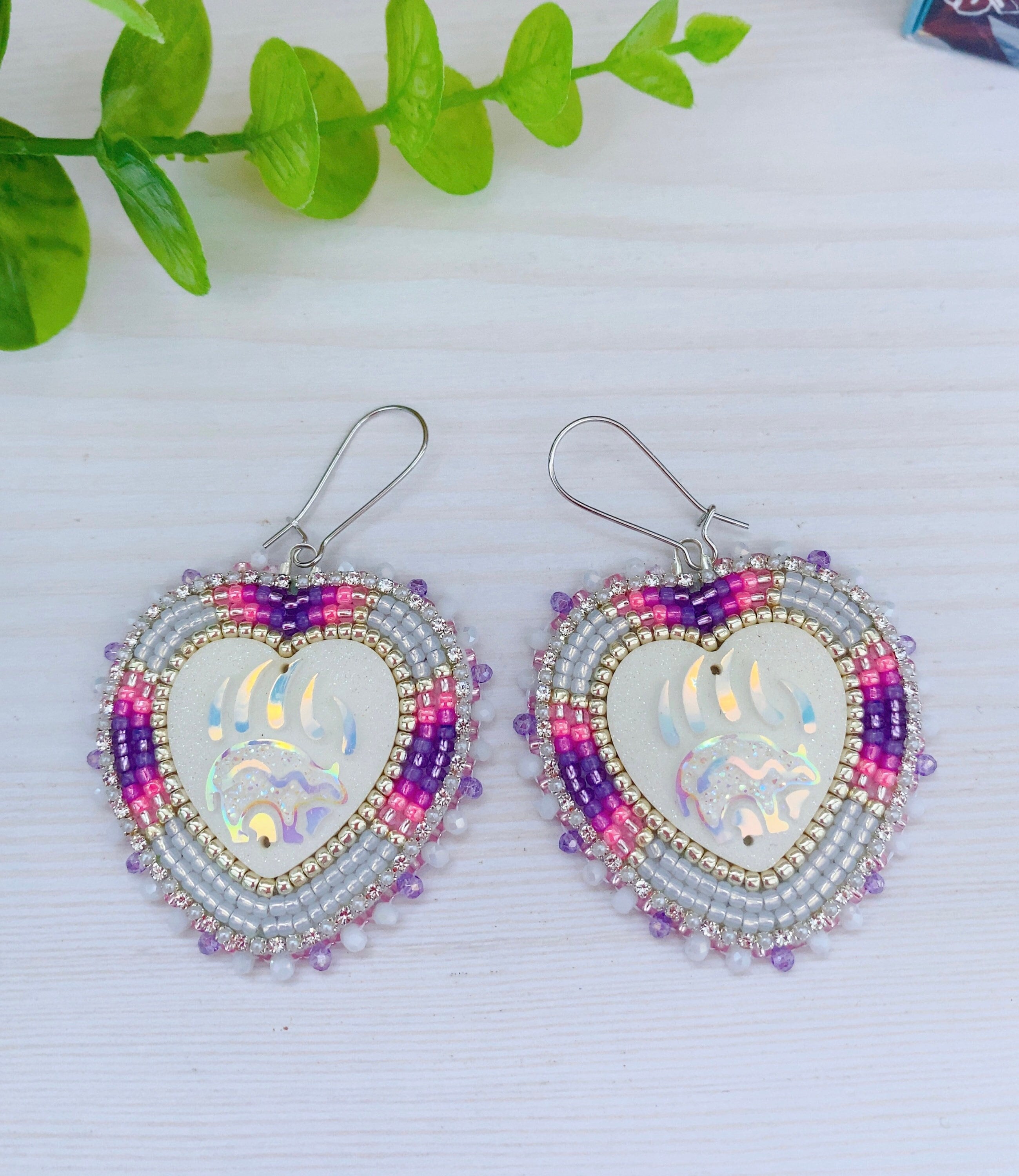 White Beadwork Heart Earrings Pink Purple Bear Paw Jewelry