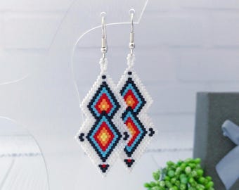 White Colorful Ethnic Earrings, Beaded Native Style Jewelry