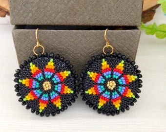 Schwarz Perlen Mutter Stil Ohrringe Bunt Rosette Schmuck amerikanischen traditionellen Stil Morning Star Kreis Ohrringe Statement ethnischen Stil