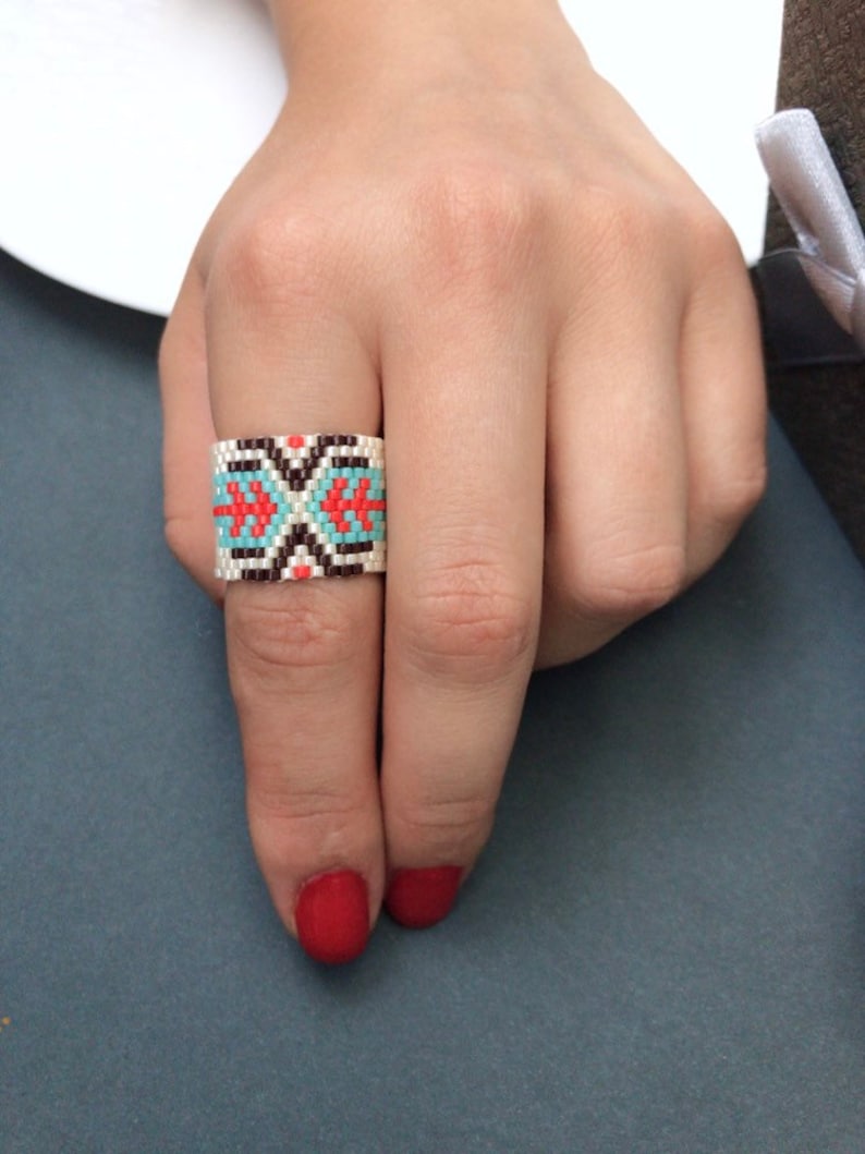Wide Indian ring Native American Beaded ring Peyote jewelry Etsy