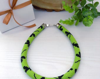 Green Necklace With Black Dragonfly, Crochet Beaded Statement Jewelry