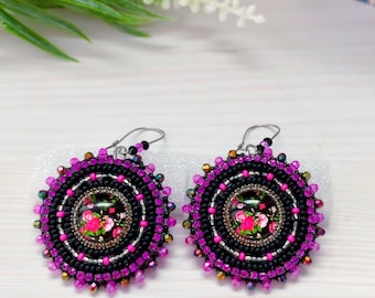 Stud Beaded Earrings With Pink Rose, Black Native style Jewelry With Flowers
