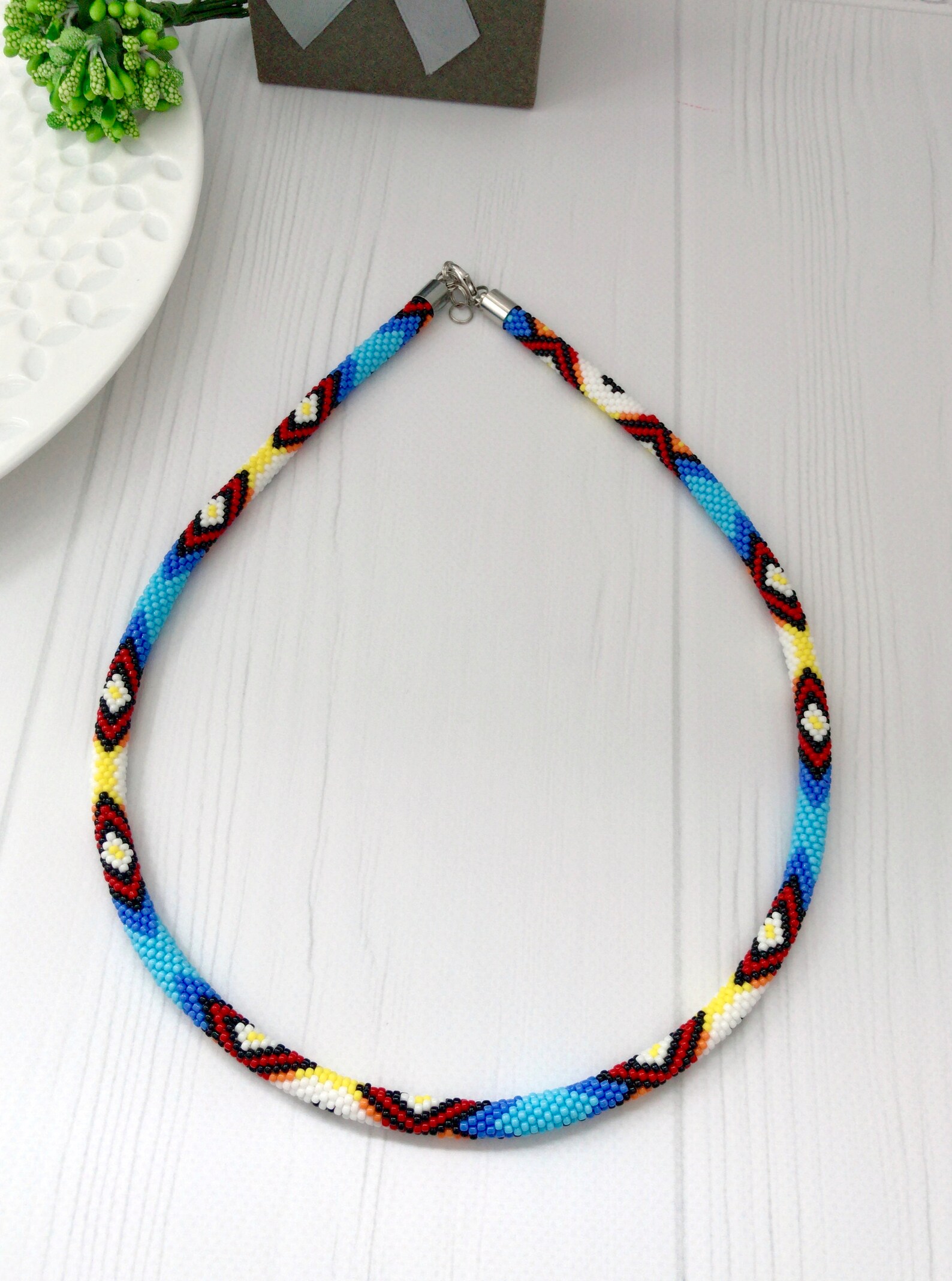 BEADS CORNER Turquoise Blue Native Style Beaded Long Necklace & Earrings Set – Glass Seed Beads, Brass – S58/4