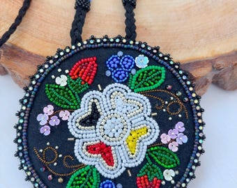 Flower Beaded Medicine Wheel Medallion, Colorful Large Native Style Necklace
