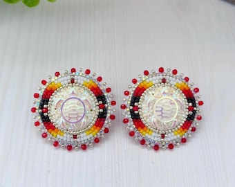 White Colorful Stud Beadwork Earrings. Native Medicine Wheel Inspiration Jewelry