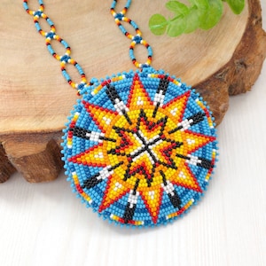 Ethnic beadwork medallion Blue Native style necklace Colorful Morning star American traditional jewelry Beaded rosette Boho unisex jewelry