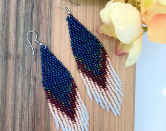 Fringe Beaded Native American Style Earrings, Navy Brown Feather Jewelry
