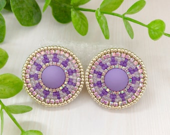 Puple Stud Beadwork Earrings, Round Boho Jewelry With Rhinestone