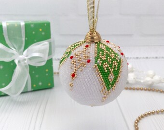 Beaded Christmas Ball Ornament: White, Green & Gold Seed Beads
