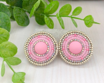 Pink Silver Beaded Stud Earrings, Circle Jewelry With Rhinestone