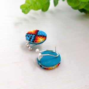 Turquoise colorful beadwork earrings Native style stud earrings Seed beads boho earrings for men Traditional American jewelry image 6