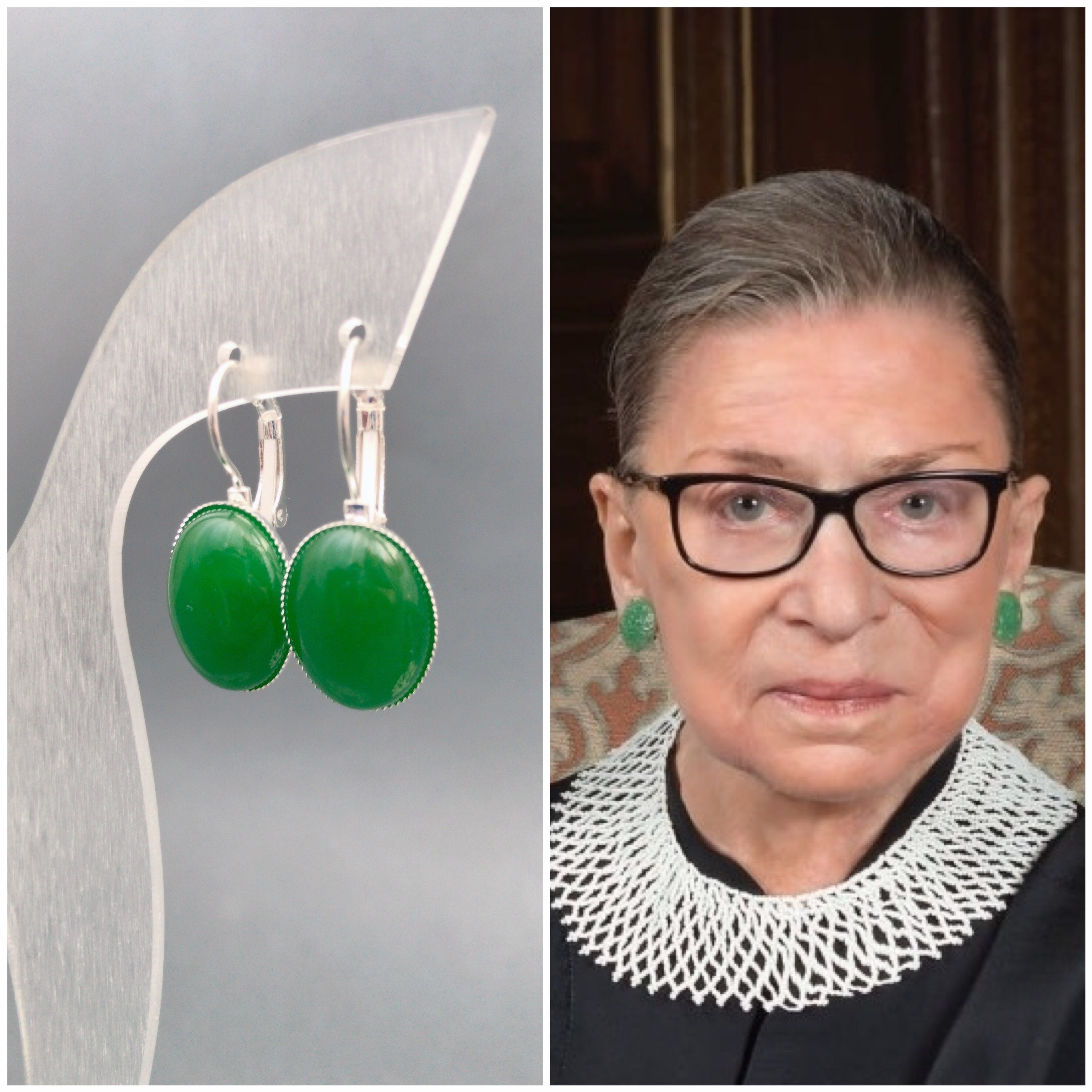 RBG Green Earrings, Cabochon Nephrite Earrings, Notorious Ruth