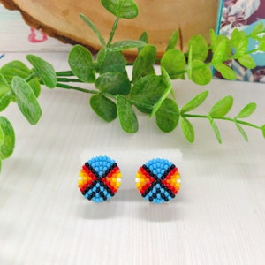 Turquoise colorful beadwork earrings Native style stud earrings Seed beads boho earrings for men Traditional American jewelry image 5