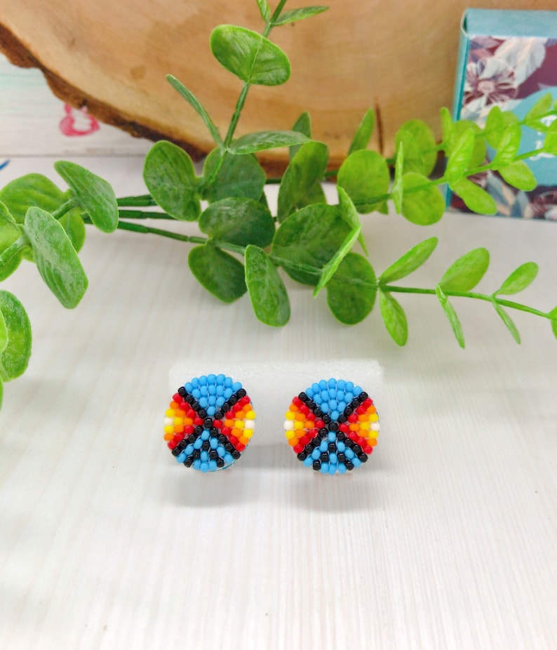 Turquoise colorful beadwork earrings Native style stud earrings Seed beads boho earrings for men Traditional American jewelry image 5