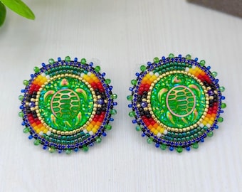 Colorful Stud Beaded Earrings Green Turtle, Native Medicine Wheel Style Jewelry