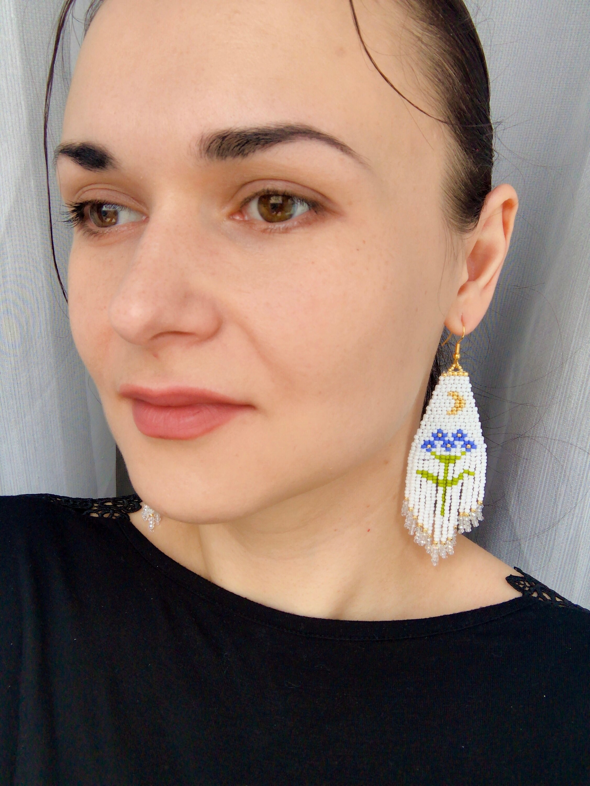 White Fringe Earrings With Moon Blue Daisy Earrings Beaded