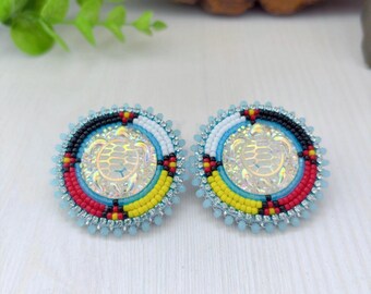 Native Medicine Wheel Style Earrings With Turtle, Large Stud Beadwork Jewelry