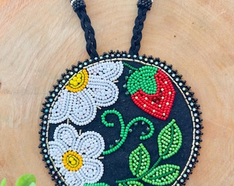 Strawberry Beadwork Medallion, Flower Native American Inspiration Necklace