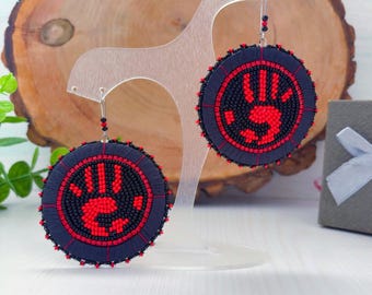 MMIW Beadwork Earrings, Red Black Statement Jewelry