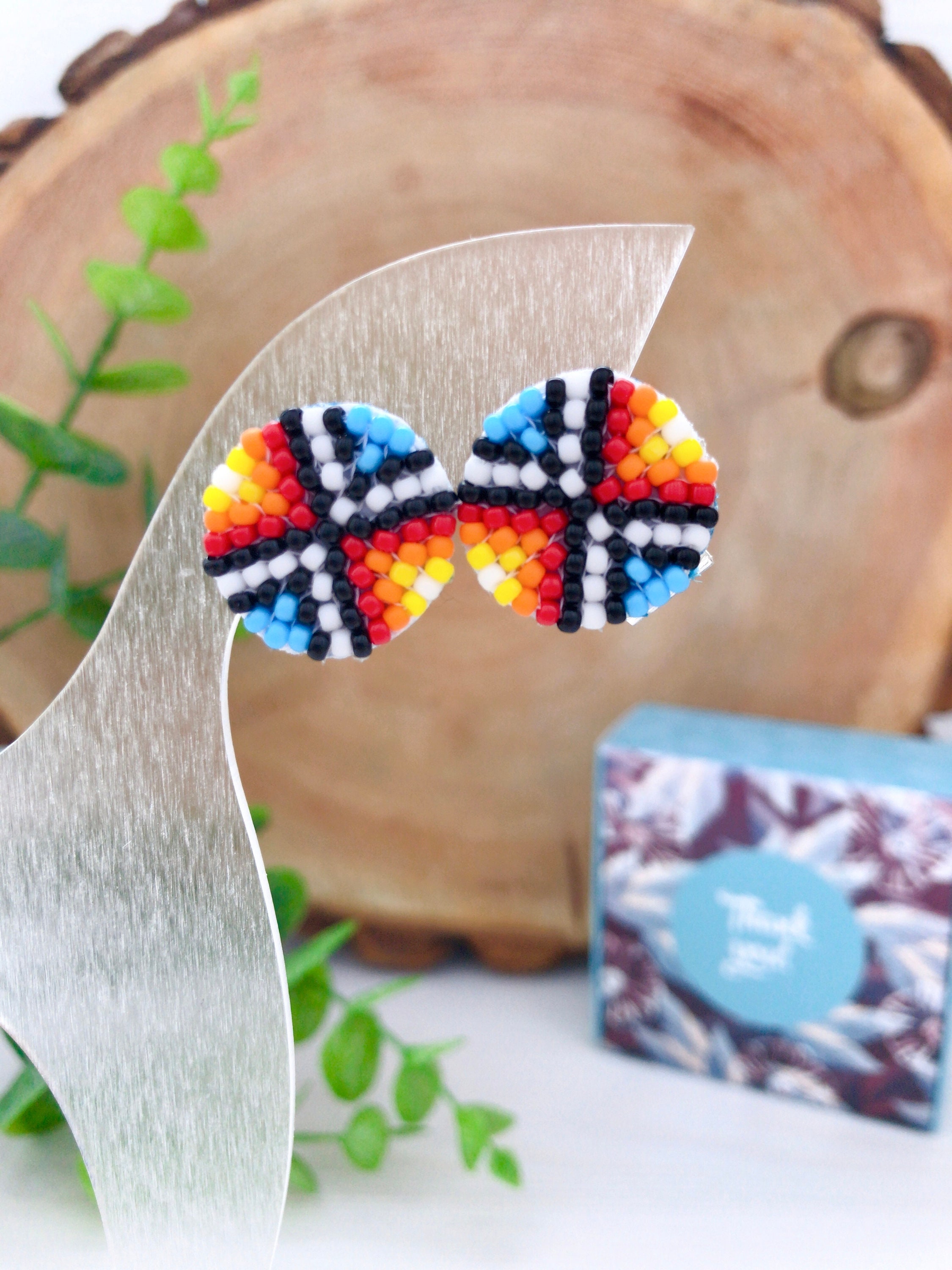 Turquoise Colorful Beadwork Earrings Stud Beaded Native