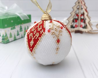 Crochet Christmas Ball Ornament: Red Gold & Pearl Seed Beads