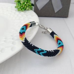 Black colorful Native style bracelet Crochet beaded jewelry Boho American beadwork style Unisex seed bead bracelet Ethnic style for men
