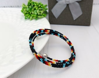 Black Colorful Native Style Bracelet, Memory Wire Four Rows Beaded Jewelry