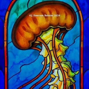 May include: A stained glass artwork depicting a jellyfish with a yellow and orange bell and long, flowing tentacles. The background is a deep blue with hints of red and white.