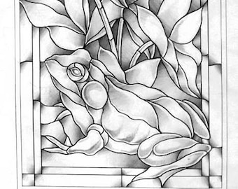 May include: A black and white line drawing of a stained glass window design featuring a frog sitting on a bed of leaves with cattails in the background. The text "J. Emerson Behnke 201" is at the bottom of the image.
