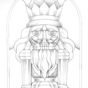 Puede incluir: Un dibujo en blanco y negro de un cascanueces en un marco de ventana de vitral. El cascanueces lleva un sombrero alto y tiene una barba larga. La imagen está firmada "J. Emerson Behnke 2016".