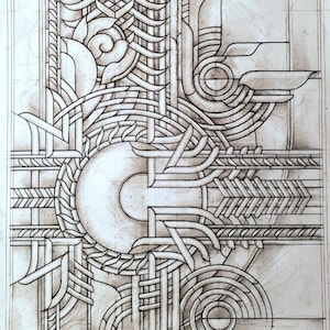 May include: A black and white line drawing of a geometric design with repeating patterns. The design features circles, squares, and triangles. The drawing is on a white background. © J. Emerson Behnke 2023