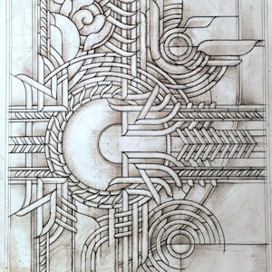 May include: A black and white line drawing of a geometric design with repeating patterns. The design features circles, curved lines, and a variety of shapes. The drawing is on a white background and has a grid pattern.