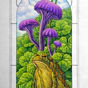 May include: A colorful illustration featuring a detailed frog in front of lush green foliage and purple mushrooms. The artwork is framed with a stained-glass effect, with the text "©J. Emerson Behnke 2026" at the top.