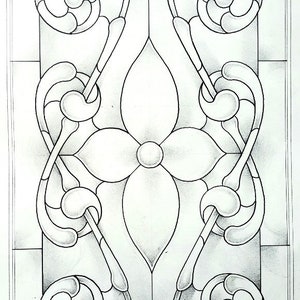 May include: A black and white line drawing of a stained glass window design featuring a stylized flower with intricate swirls and curves. The design is framed by a grid of squares. The text "©J. Emerson Behnke 2024" is at the bottom of the image.
