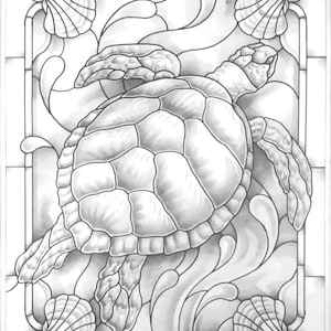 May include: A black and white line drawing of a sea turtle swimming in the ocean. The turtle is surrounded by stylized waves and seashells. The image is framed with a decorative border and includes the text "© J. Emerson Behnke 2017".