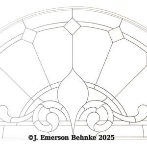 May include: A black and white line drawing of a stained glass window design. The design features a fleur-de-lis at the bottom and a fan-shaped pattern above. The text "©J. Emerson Behnke 2025" is at the bottom of the image.