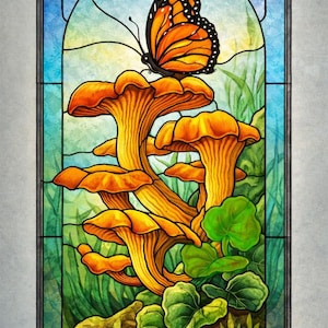 May include: Stained glass panel featuring a vibrant orange butterfly perched atop a cluster of orange mushrooms. Green foliage and grass fill the background. The text "J. Emerson Behnke 2026" is visible in the upper portion of the panel.