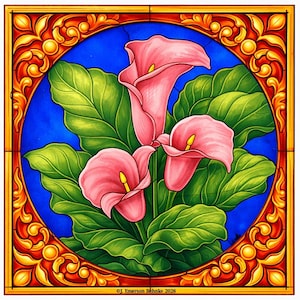 May include: Stained glass panel featuring pink calla lilies with yellow centers and green leaves against a blue background. The artwork is framed by a gold and red decorative border. The artist's signature is in the bottom right corner.