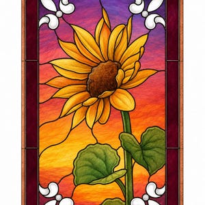 Puede incluir: Un panel rectangular de vidriera que muestra un gran girasol amarillo con centro marrón sobre un fondo de atardecer en naranja, rojo y morado. El diseño incluye detalles de flor de lis blanca en las esquinas y el texto J. Emerson Behnke 2026.
