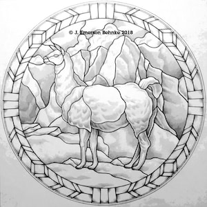 May include: Black and white line drawing of a llama standing on a rocky mountain landscape. The drawing is in a circular frame with a decorative border. The text "© J. Emerson Bohnke 2018" is at the top of the frame.