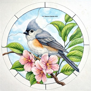 May include: A watercolor illustration of a Tufted Titmouse bird perched on a branch with pink flowers and green leaves. The bird has gray, white, and orange feathers. The artwork is set within a circular frame with the text "©J. Emerson Behnke 2025".