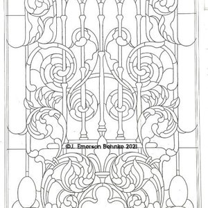 May include: Black and white line drawing of a stained glass window design featuring a floral motif and geometric shapes. The design includes a large central flower with intricate details and smaller floral elements surrounding it. The text "© J. Emerson Bohnke 2021" is included in the design.